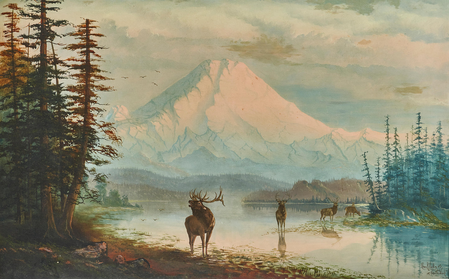 Charles R. Hall - Elk in a Lake Before Mount Rainier 1903 42" x 66"