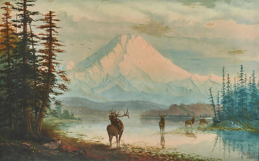 Charles R. Hall - Elk in a Lake Before Mount Rainier 1903 42" x 66"