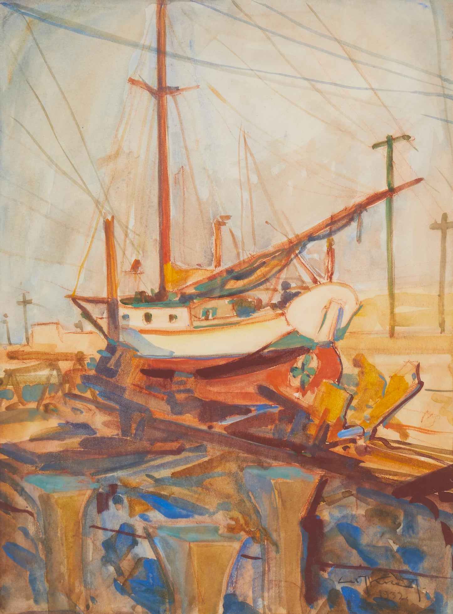 Emil Kosa - Sailboat in Drydock 1932 19.5" x 14.25"