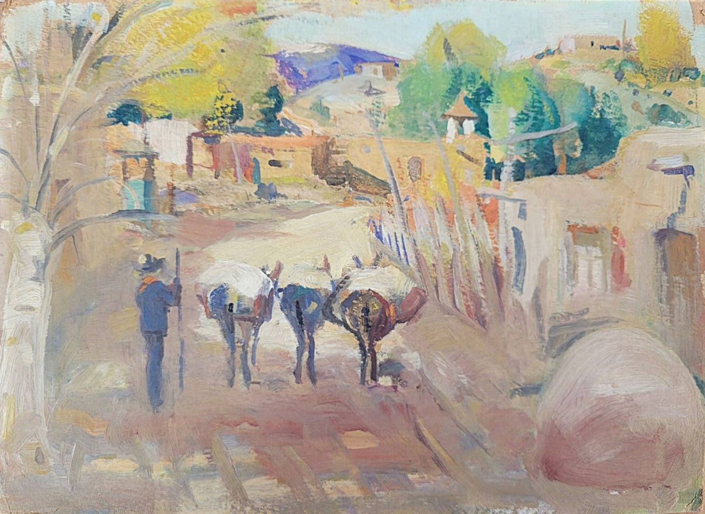 LaVerne Nelson Black - Saddled Burro's Coming Home to the Pueblo 9" x 12"