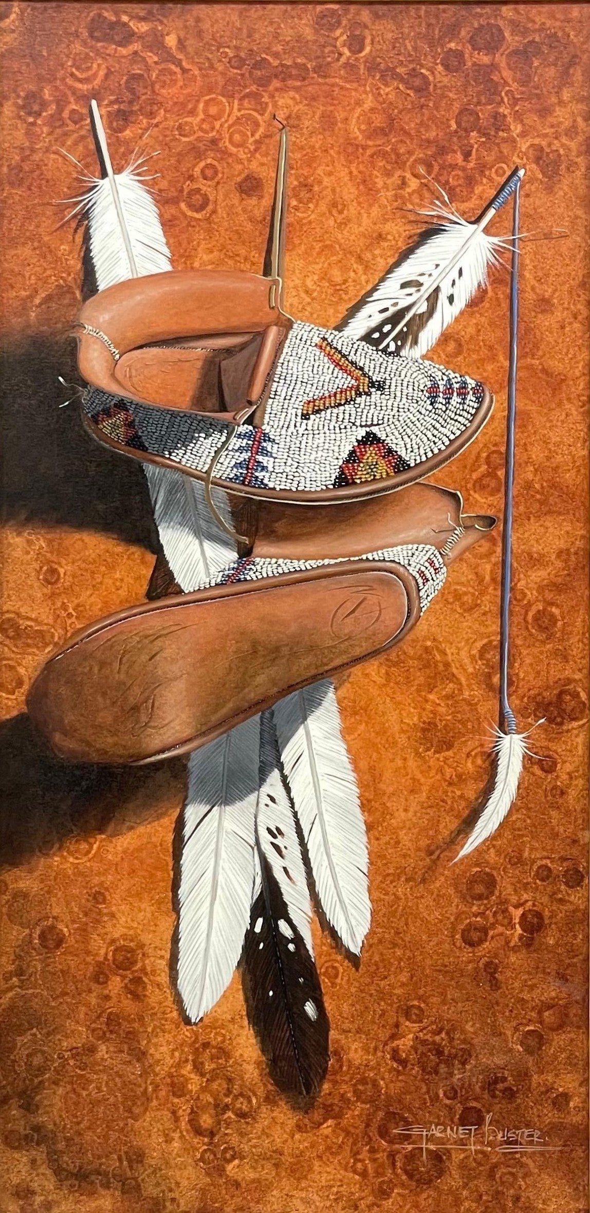 Buster Garnet - Moccasins and Feathers 30” x 15”