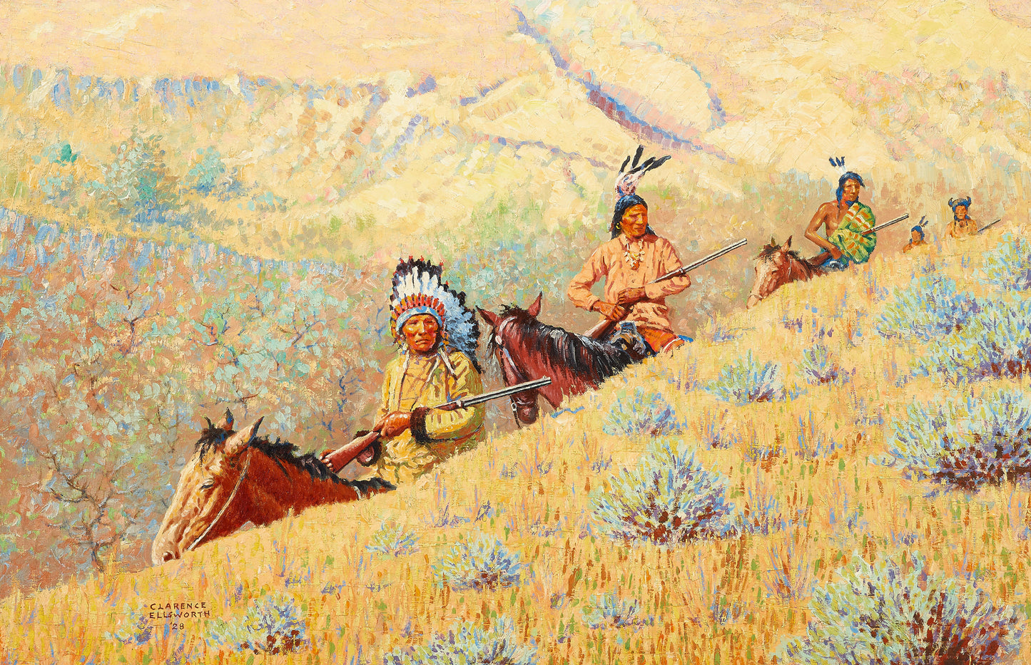 Clarence Arthur Ellsworth - Native American Scouts Riding in a Western Landscape 1928 24" x 36"