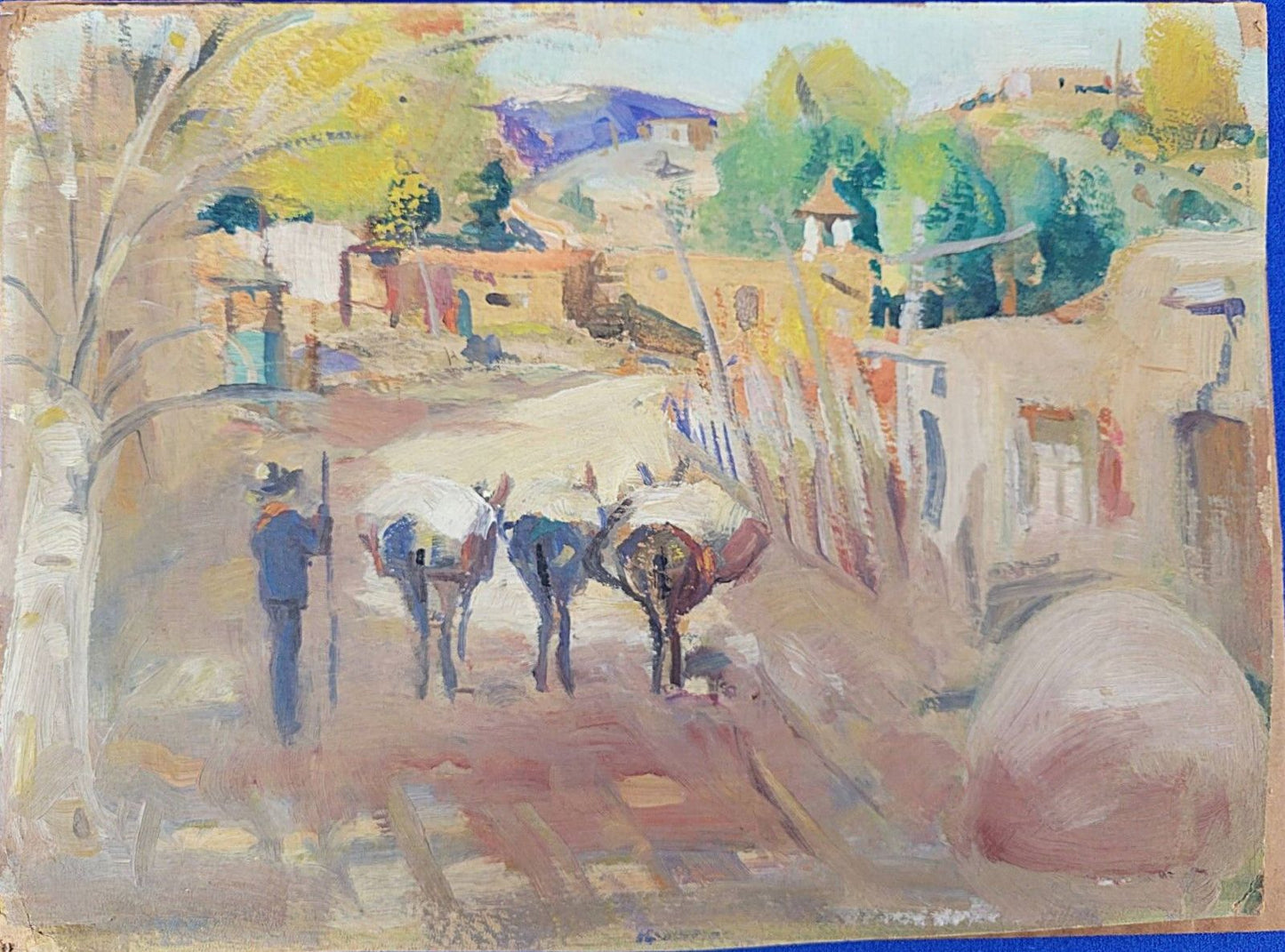 LaVerne Nelson Black - Saddled Burro's Coming Home to the Pueblo 9" x 12"